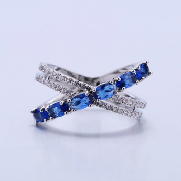 🎀 Oval Royal Blue Anillos Unique Three Lines Silver Ring for Women, VIP272 - Picture 7 of 7